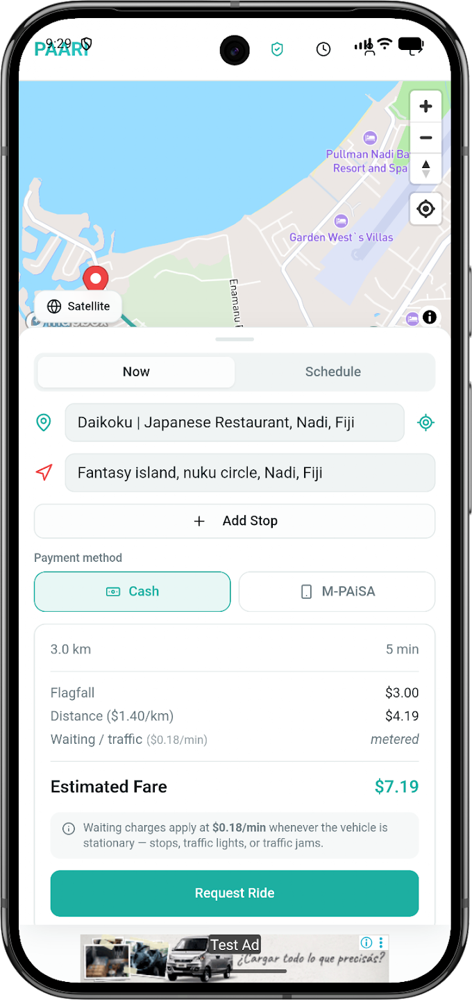 Paari app ride request screen showing the map, pickup and destination, cash or M-PAiSA payment, and the estimated fare breakdown